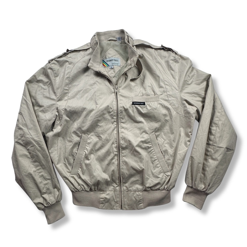 Members Only Racer Jacket Vintage 80s Windbreaker Retro Mens Tan Khaki 38 M